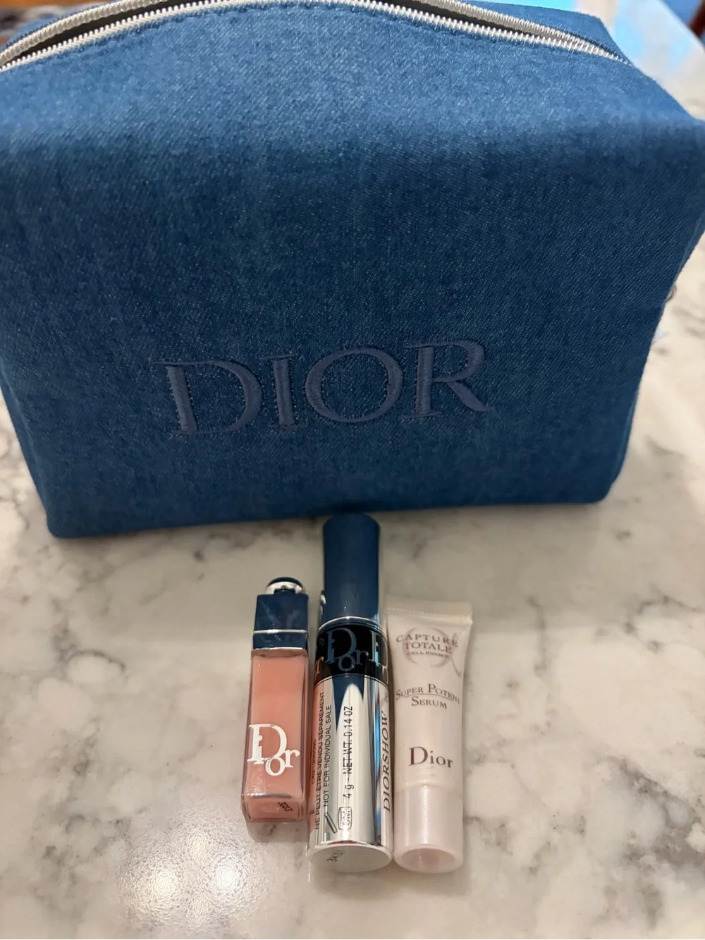 Dior Denim Blue Cosmetic Pouch with Lip Plumper, Mascara & Skincare. NWT